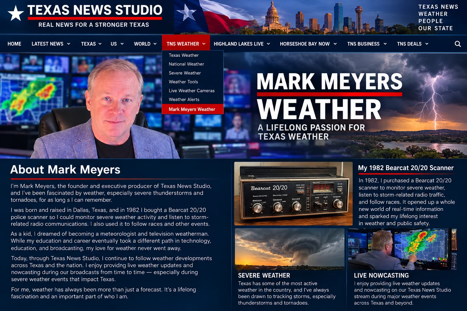 Mark Meyers Weather broadcast feature with smiling portrait, storm imagery, scanner history and nowcasting
