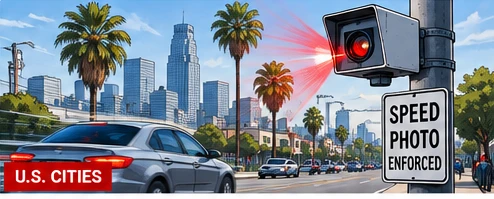 AI-generated editorial illustration for LOS ANGELES SPEED CAMERAS PROMPT SAFETY AND PRIVACY DEBATE