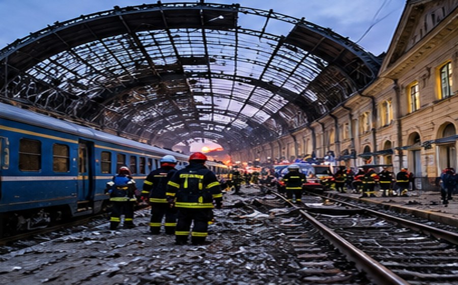 AI-generated editorial illustration for UKRAINE: DRONE STRIKE HITS CROWDED TRAIN PLATFORM IN DNIPRO
