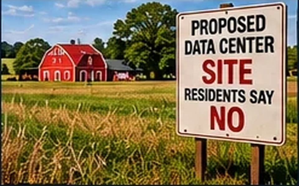 AI editorial illustration: SMALL TOWNS SAY NO TO AI GIANTS: DATA CENTER BACKLASH SPREADS!
