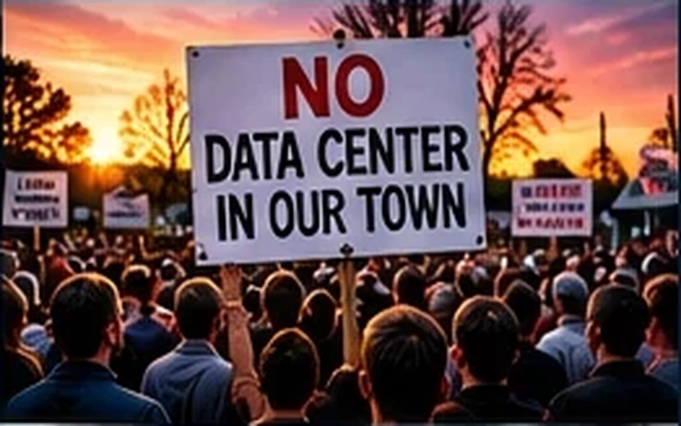AI editorial illustration: TEXAS NEIGHBORS RALLY AGAINST GIANT COMPUTER CAMPUSES!
